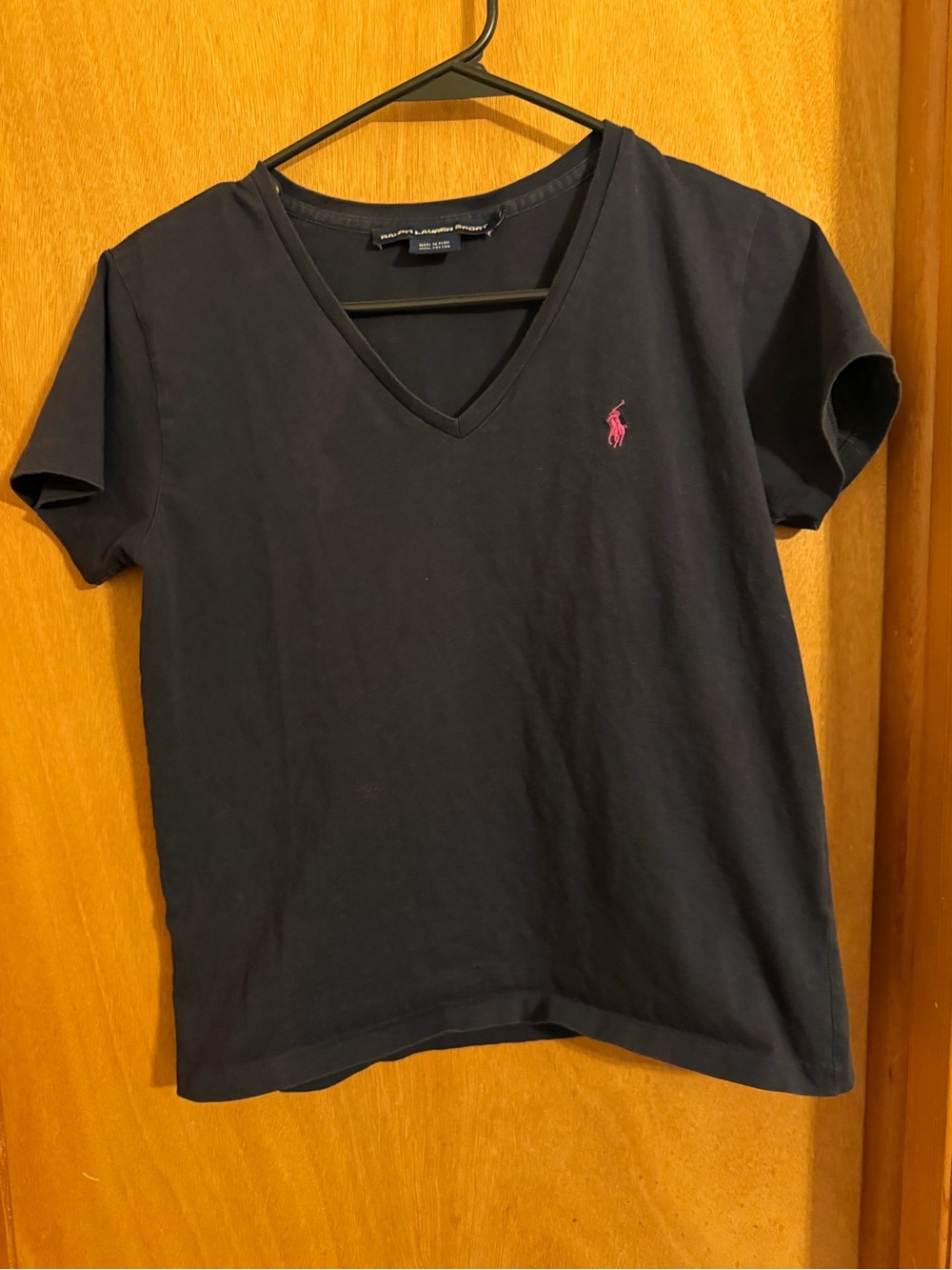 Ralph Lauren Navy V-Neck Cotton Tee with Pink Pony